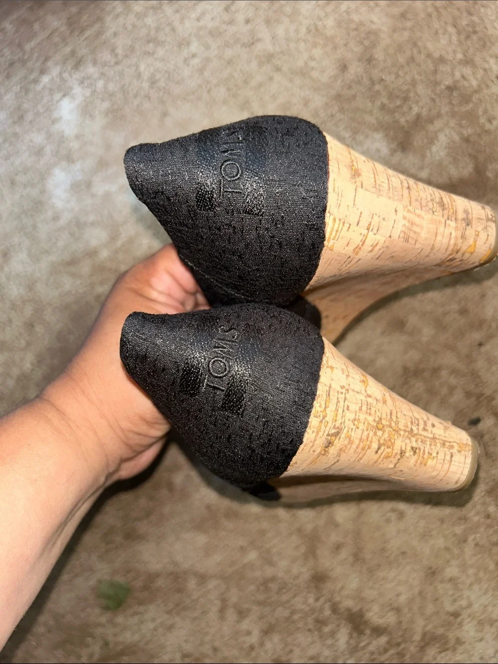 #41. TOMS Black Cork Peep-Toe Wedge Heels